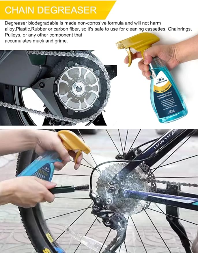 Bike Cleaner kit to Clean/Protect/Lube Bicycle,with Chain Scrubber,Cleaning Brush Tool,Bike Cleaner(19oz),Degreaser(10or19oz),Wet Lubricant(2oz)-StrideForce Fitness