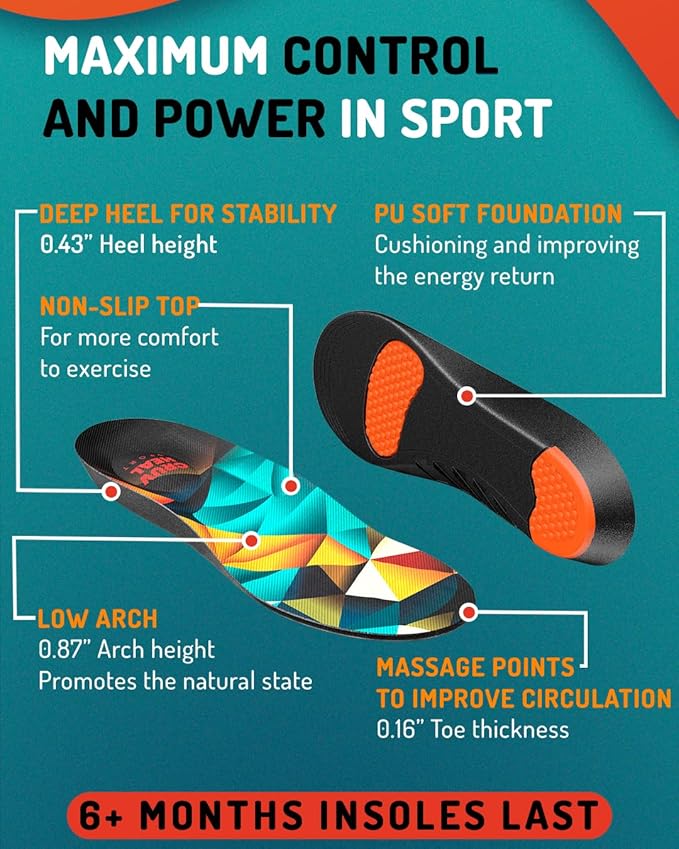 Sport Shock Absorbing Insoles - Athletic Shoe Cushioning Inserts for Men and Women - Ideal for Active Sports Running Training Hiking - Neutral Arch Good for Sneakers Shoes, M-StrideForce Fitness