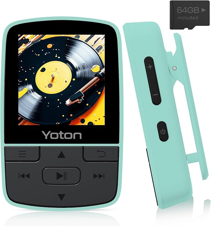 YOTON MP3 Player with Bluetooth 5.2, 64GB Storage, Mini Size, HiFi Music, with Sports Clip, Independent Volume Control, FM Radio, Includes Headphones (Green)-StrideForce Fitness