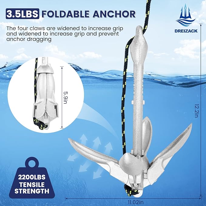 Dreizack Kayak Anchor Kit, 3.5 lb Folding Grapnel Boat Anchor Trolley Accessories with 40ft Rope and PVC Buoy for Fishing Kayaks SUP Paddle Boards Canoes Jet Ski PWC Inflatable Small Boats-StrideForce Fitness