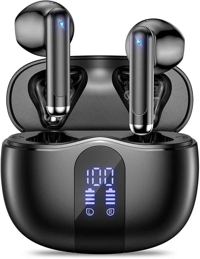 Wireless Earbuds, 2025 Bluetooth 5.4 Bass Stereo Headphones with 4 ENC Mic, 50H Playback Ear Buds with Charging Case LED Display,Sport Earphones IPX7 Waterproof for Phone, Android, Pad, Black-StrideForce Fitness