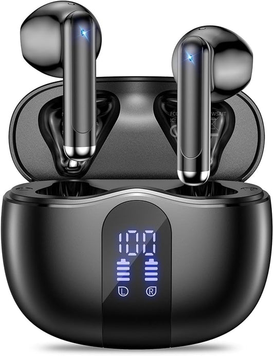Wireless Earbuds, 2025 Bluetooth 5.4 Bass Stereo Headphones with 4 ENC Mic, 50H Playback Ear Buds with Charging Case LED Display,Sport Earphones IPX7 Waterproof for Phone, Android, Pad, Black-StrideForce Fitness