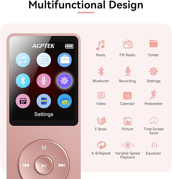 AGPTEK A02 MP3 Player with Bluetooth 5.3, 1.8 inch Screen Portable Music Player with Speaker, FM Radio, Voice Recorder, Supports Expanded Up to 128GB(Rose Gold, 32GB)-StrideForce Fitness