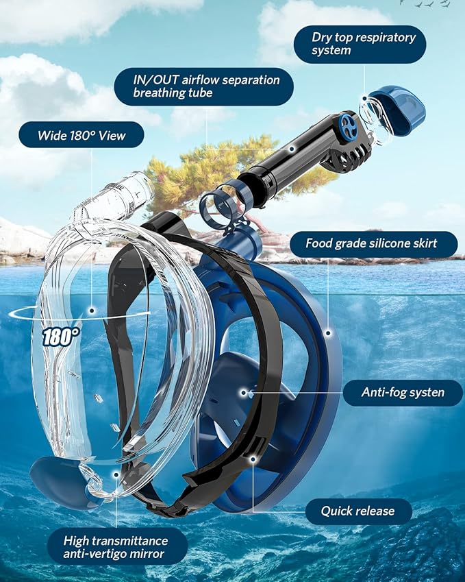 QingSong Full Face Snorkel Mask for Adults, Snorkeling Gear with Camera Mount, 180 Degree Panoramic View Snorkel Set Anti-Fog Anti-Leak-StrideForce Fitness