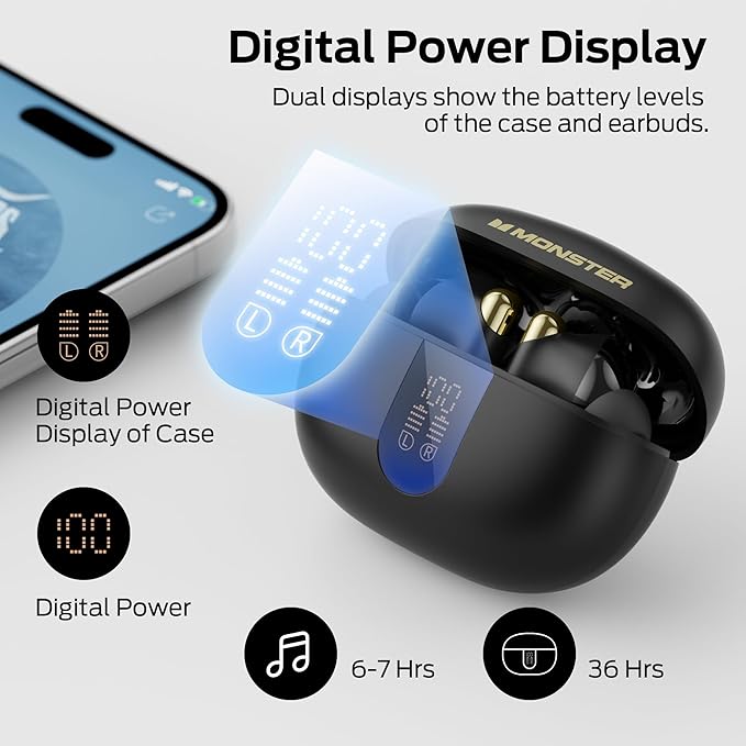 Monster N-Lite 211 Wireless Earbuds， Bluetooth 6.0 Stereo Headphones with Noise-Cancelling Mic and LED Display, Built-in Mic for Clear Calls, Waterproof Design for Sports-StrideForce Fitness