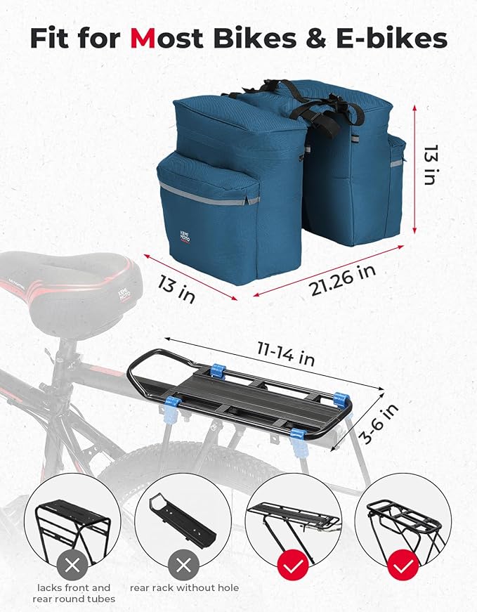 KEMIMOTO Bike Bag Panniers with Rain Cover, 34L Waterproof Bicycle Saddle Bag for Rear Rack Mountain Biking Bags Storage, Ebike Accessories for Commuter Grocery Shopping Travel Carrier, Blue-StrideForce Fitness