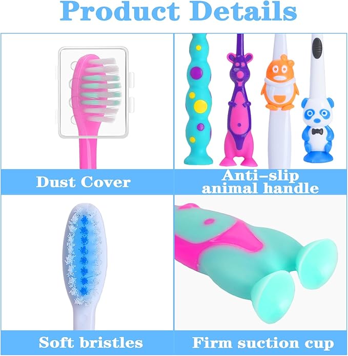 Newday 16 Pack Kids Toothbrush Bulk Soft Bristles Toddler Cute Toothbrush with Suction Cup, Includes Travel Covers, Individually Wrapped Toothbrushes, Animal Design for Children's toothbrushes