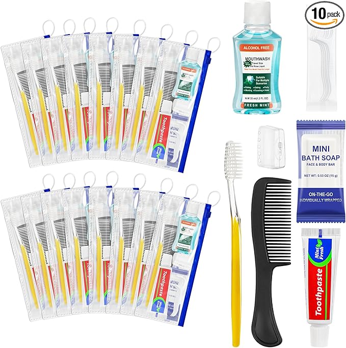 Xuezoioy Personal Hygiene Kit Bulk Pack of 10,Yellow Basic Travel Toiletry Set Disposable Toothbrushes with Toothpaste Mouthwash Floss Comb Cover and Zip Bag for Homeless,Charity,Guests