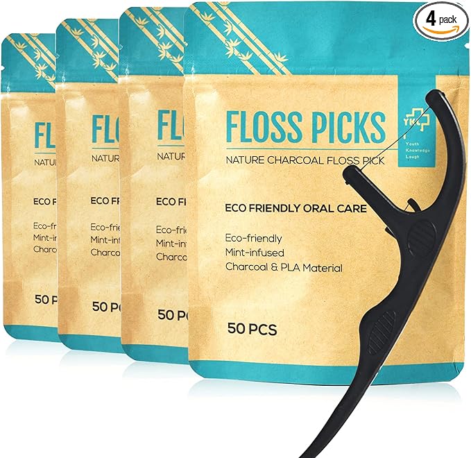 Y-Kelin Natural Dental Floss Picks - Vegan, Eco Friendly Black Bamboo Charcoal Dental Teeth Stick Tooth Pick Toothpick Flosser for Oral Care with a Fresh Feel Minty Flavor (200 Pcs)