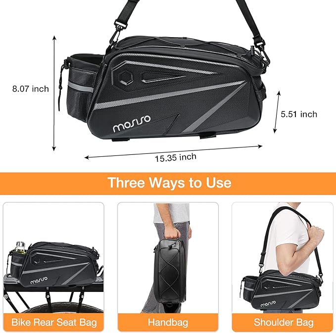 MOSISO Bike Rack Bag, Waterproof Bike Rear Rack Handbag Bicycle Trunk Bag, 14L EVA Mountain Bicycle Rear Seat Storage Saddle Pouch Cycling Luggage Pouch with Shoulder Strap, Black-StrideForce Fitness