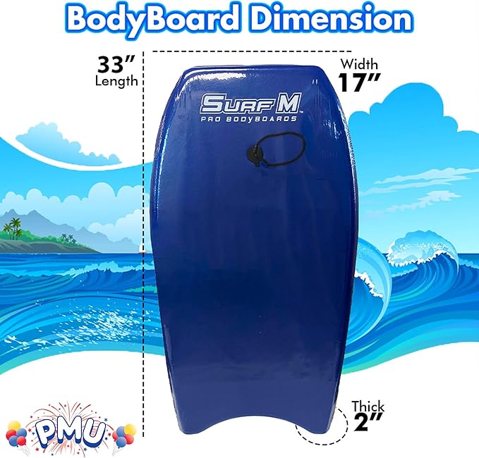 PMU 33 Inch Blue Bodyboard - Lightweight Wrist Leash, Slick Bottom Boards for Beach, Sea & Pool - Surfing Board for Kids, Teens & Adults Wave Conditions Pkg/1-StrideForce Fitness