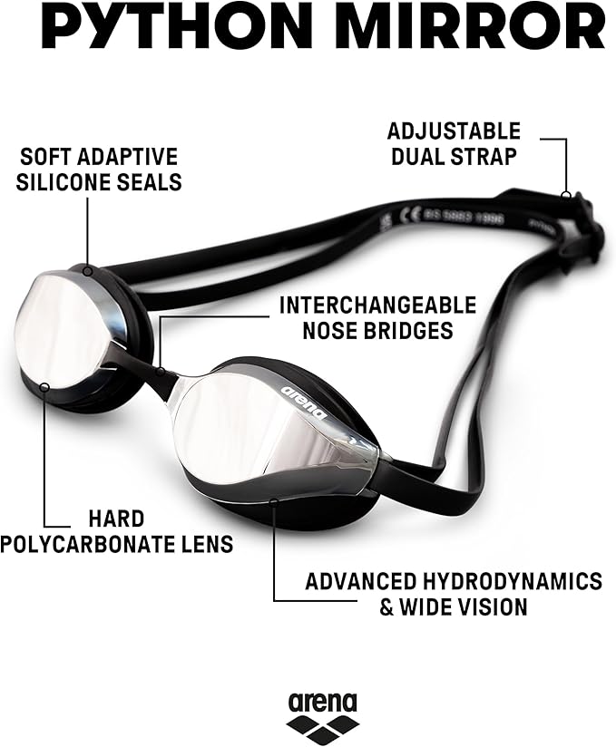 ARENA Unisex Python Racing Swim Goggles for Men and Women Anti-Fog No Leak Max Comfort Dual Strap, Mirror/Non-Mirror Lens-StrideForce Fitness