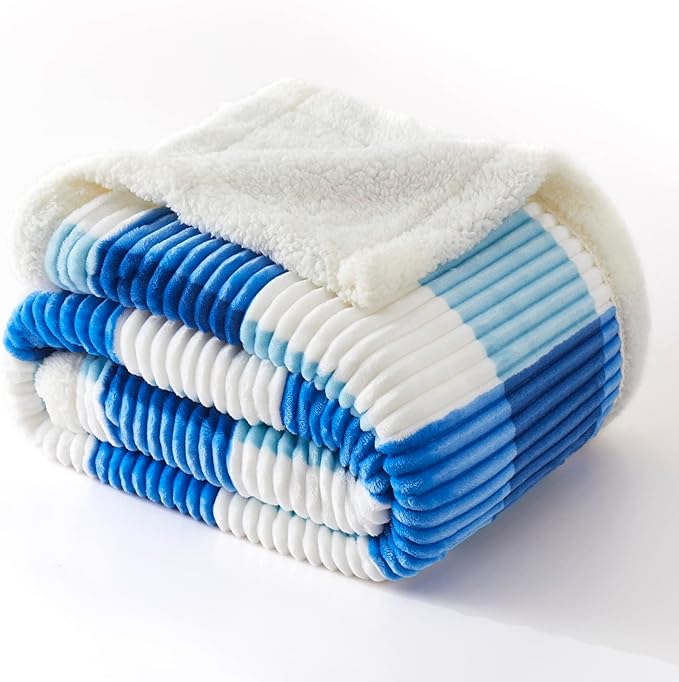 PU MEI Sherpa Blanket Twin Plaid Thick Bed Blanket, 60”*80” Super Soft Flannel Fuzzy Fleece Reversible Velvet Plush Warm Blanket for Couch (Blue Check, 60"*80")-StrideForce Fitness