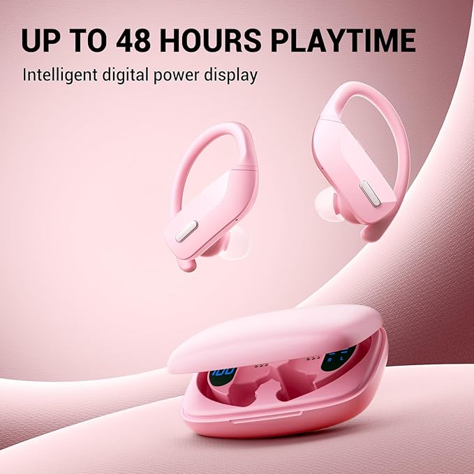 Wireless Sport Earbuds Bluetooth Headphones with Mic 80H Playtime IPX5 Waterproof Ear Buds Deep Bass Earphones Over Ear Headset for Running Gym Workout - Pink-StrideForce Fitness