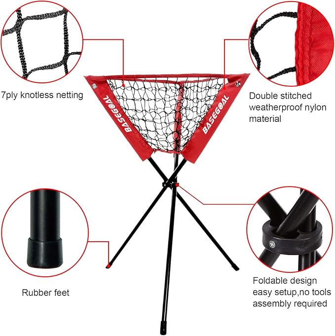 7'×7' Baseball Softball Practice Net,Baseball Backstop,with Batting Tee,Ball Caddy,for Hitting Pitching Batting Catching with Bow Frame,Bonus Strike Zone,Portable and Foldable-StrideForce Fitness