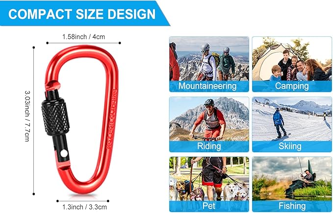 10 Pack Aluminum D Ring Key Rings Hiking Clips Locking Carabiner for Hiking Camping Fishing and Outdoor Use，Clips with Screw Gate Multicolored-StrideForce Fitness