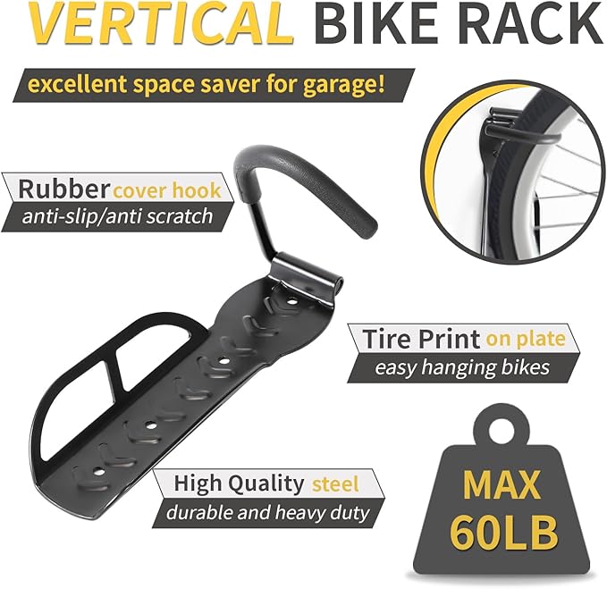 Vertical Bike Rack Wall Mount for Garage–Heavy-Duty Steel Bicycle Hook for Indoor Storage, Space-Saving Holder for Road, Mountain & Hybrid Bikes, Fits Tires Up to 2.6" Wide (2 Pack)-StrideForce Fitness