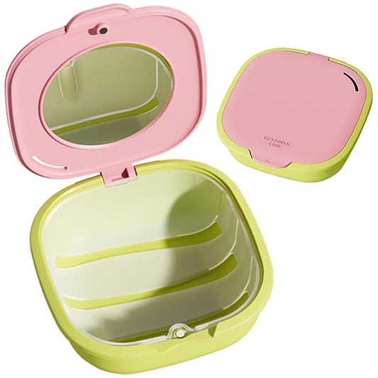 Retainer Case with Mirror and Vent Holes, Cute Slim Aligner Case Compatible with Invisalign, Magnetic Closure Orthodontic Case for Retainers and Mouth Guards (Pink & Yellowish Green)