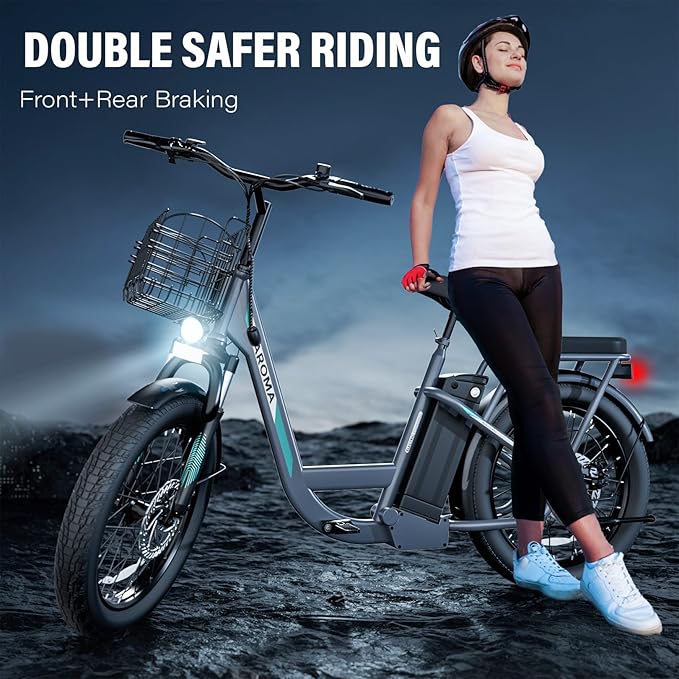 Caroma Electric Scooter with Seat, 48V Removable Battery E-Bike, Up to 30Miles&20MPH, 500/800/1200W Motor, 20" Fat Tire Adult Electric Bicycles for Commuting with Basket-StrideForce Fitness