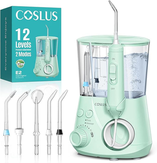 COSLUS Excellent Water Flosser for Teeth Cleaning: 12 Pressure Settings & 2 Modes for Orthodontic, Braces, Sensitive - Patented Storage, 5 Jet Tips and 600ML Tank for Family, Home Use, Green, E2