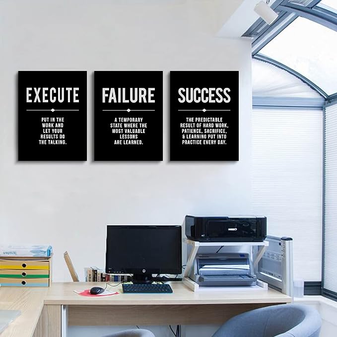 Framed Canvas Wall Art Success Quote For Office, Black Large Positive Motivational Poster, Set of 3, Execute Failure Definition, Inspirational Print (A-3pcs,12x16inchx3pcs)-StrideForce Fitness