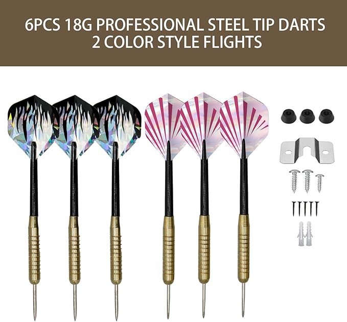 Bristle Dart Board Set, Professional Dart Board 18" with 6pcs 18g Darts Outdoor Dartboard Set, Compressed Sisal Metal Wire Board with Rotating Number Ring-StrideForce Fitness