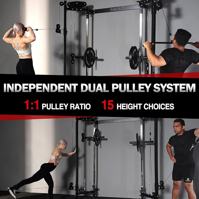 Mikolo Folding Squat Rack, Wall Mounted Power Rack with Cable Crossover Machine & LAT Pull Down, Functional Trainer with 5 Adjustable Function Modes, for Home Gym and Space Saving-StrideForce Fitness