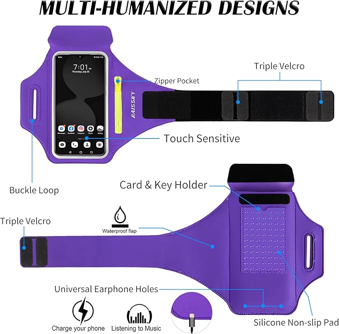 Running Armband with Earphone Bag Cell Phone Armband for iPhone 16 15 Pro 14 Plus 13 11 XR XS, Galaxy S24/S10 Water Resistant Sports Phone Holder Case & Zipper Slot Car Key Holder for 6.7 inch Phone-StrideForce Fitness