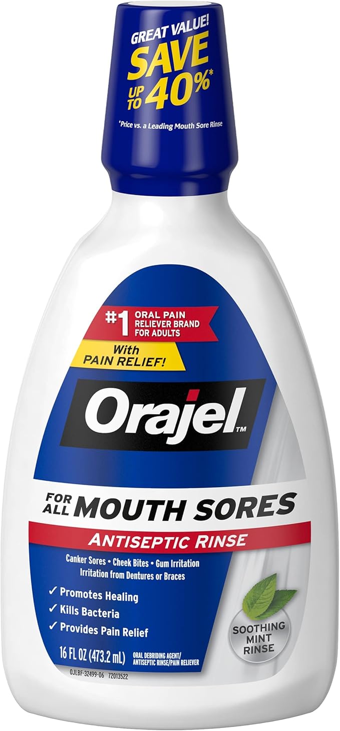 Orajel Nonseptic Mouth Sore Rinse 16oz, Soothing Mint Flavor, Provides Pain Relief, Promotes Healing, 3-Pack