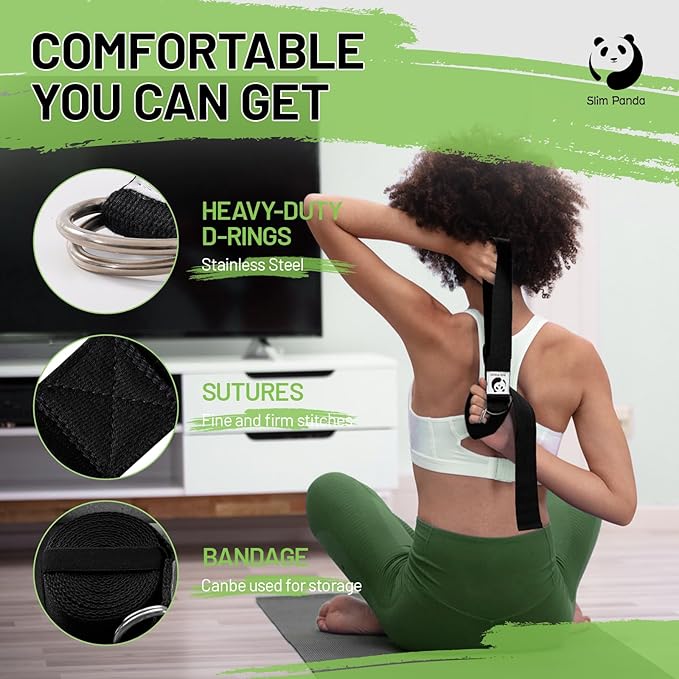 Slim Panda Yoga Strap for Stretching,Cotton Yoga Strap with Adjustable D-Ring Buckle,Non-Elastic Yoga Belt for Pilates,Gym Workouts,Physical Therapy,Improve Flexibility-StrideForce Fitness