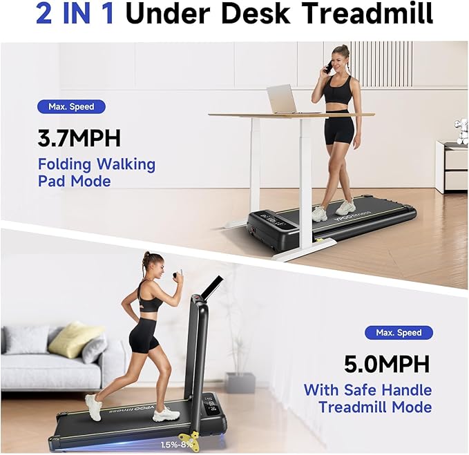 Foldable Treadmill with Incline, Walking Pad with Handle Bar 3 Level Incline, Portable Folding Treadmills for Home/Office 300 Lbs Capacity, Quiet Desk Treadmill with Remote Control & APP-StrideForce Fitness
