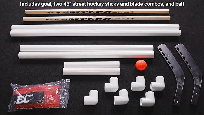 MyLec Deluxe Hockey Set, with 1 Hockey Goal, 2 43" Hockey Sticks & 1 Soft Ball, Sleeve Netting System, PVC Tubing Net, Lighweight & Durable, Enhanced Grip, Pre-Curved Mini Hockey Stick (Red/White)-StrideForce Fitness