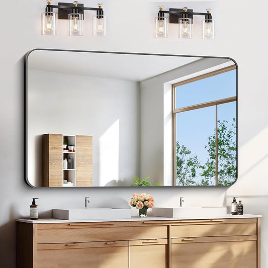 FORBATH Large Bathroom Mirror 60x36 Inches, Black Oversized Wall Mirror for 2 Sinks Aluminum Frame Wall Mounted Rounded Corner Morndern Mirror for Bathroom Bedroom Entryway Living Room-StrideForce Fitness