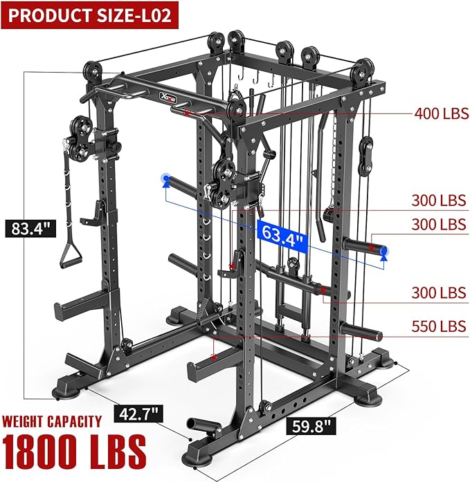 Power Cage,1600lbs Multi-Function Power Rack with Adjustable Cable Crossover System and More Training Attachment, Weight Cage for Home Gym-StrideForce Fitness