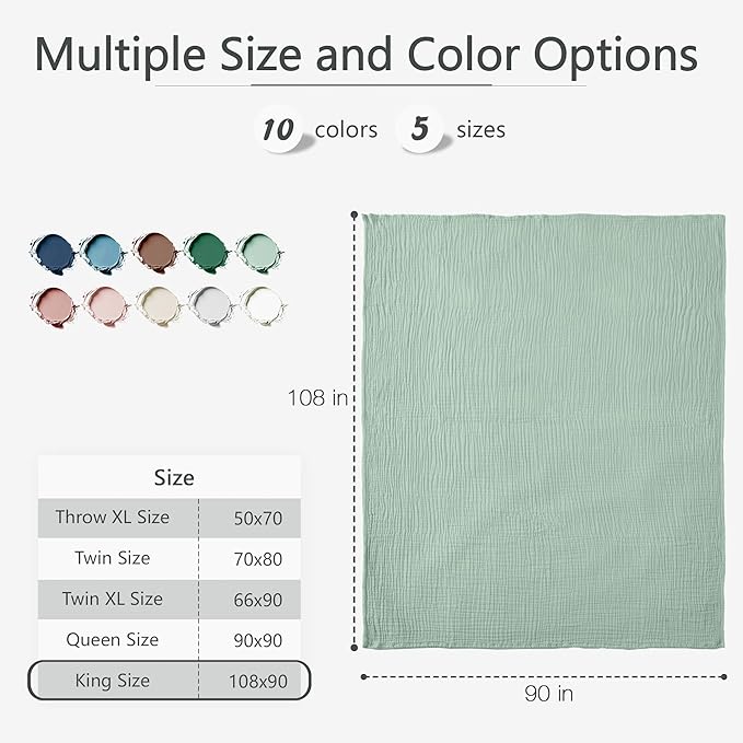 Carriediosa 100% Cotton Muslin Throw Blanket 108" X 90" King Size，4-Layers Summer Gauze Throws for Bed Couch，Soft Lightweight Breathable Linen Blankets Bedspread for Adults All Season，Sage Green-StrideForce Fitness
