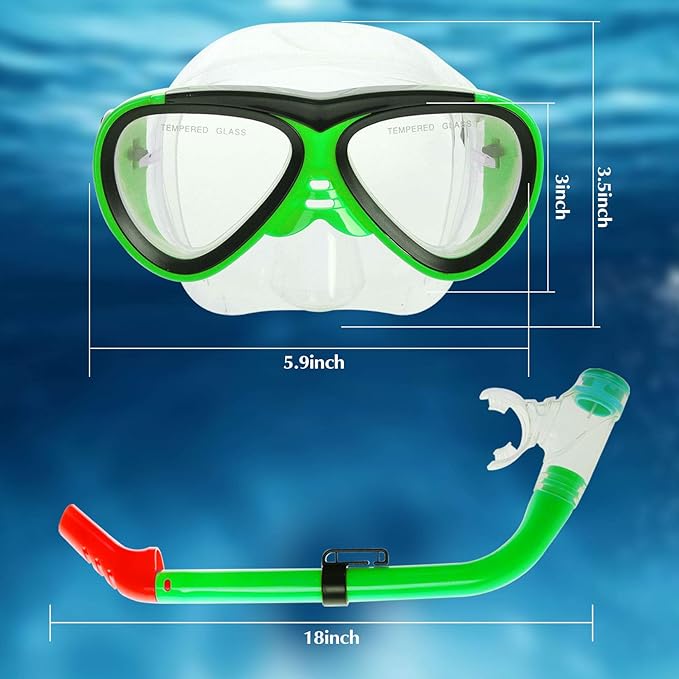 GreenLF Kids Snorkel Set, Anti-Fog Snorkeling Mask with Nose Covers for Youth Junior Child, Boys & Girls Age 5-12, Semi-Dry Diving Scuba Swimming Goggles Gear Packages-StrideForce Fitness