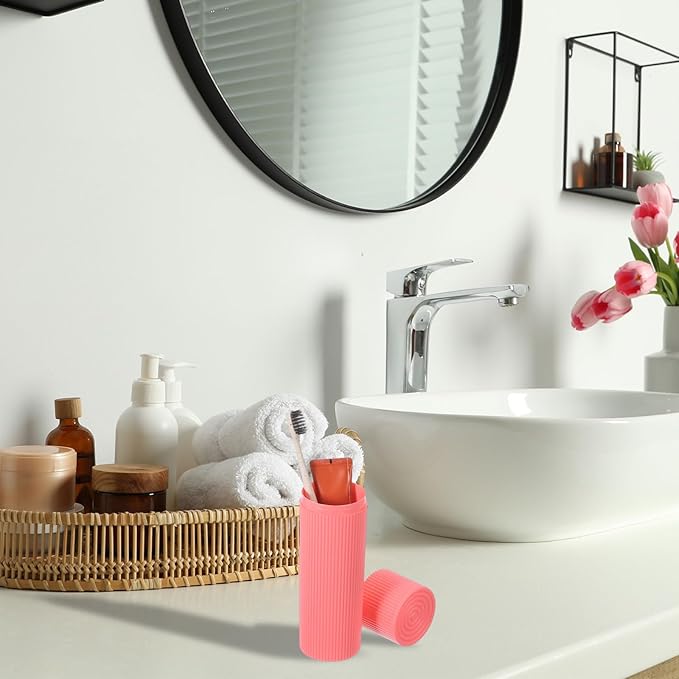 uxcell 2Pcs Travel Toothbrush Case, 7.9x2.4x2.4 Portable Travel Toothbrush Holder with Stripe, Plastic Toothpaste Container for Bathroom, Gym, Business Trip, Camping, Pink