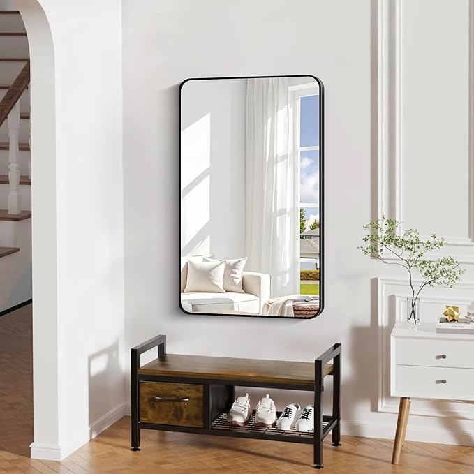 24" x 40"Bathroom Mirror, Matte Black Wall Mirror with Metal Frame, Decorative Rectangular Vanity Mirror for Bedroom Bathroom Living Room Entryway (Horizontal/Vertical)-StrideForce Fitness