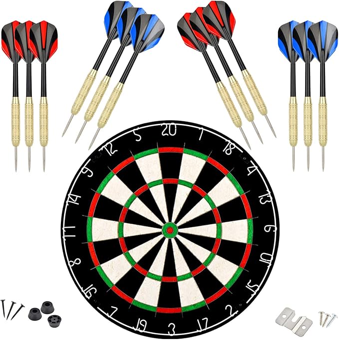 LinkVisions Dartboard with Staple-Free Bullseye, 18g Steel Tip Darts Set,12 Steel Tip Darts 18g, Dartboard Mounting Kits Included-StrideForce Fitness