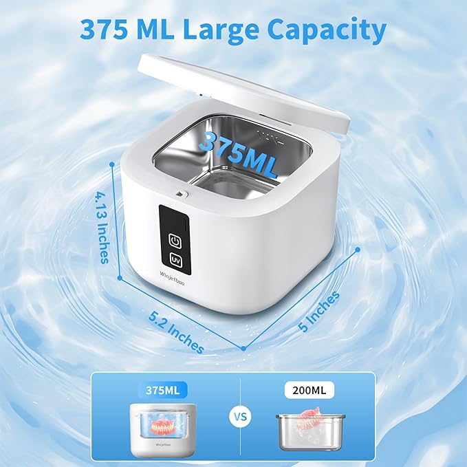 Ultrasonic Retainer Cleaner Machine, 48KHz Dental Cleaning Pod for Denture, Mouth Guard, Aligner, Night Guard, Braces, Toothbrush Heads, Jewelry with Digital Timer & 6 Modes, 13oz Capacity, White