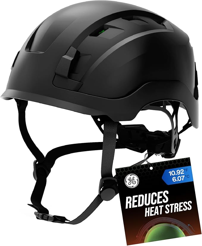 GE Safety Helmet, Impact Absorbing Tech, Adjustable Ratchet, ANSI Type 1, Memory Foam Padding, Hard Hats Protection, Lightweight, Durable, Chin Strap, Comfortable Fit OSHA Approved-StrideForce Fitness