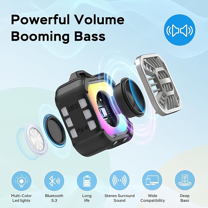 INSMY IP67 Waterproof Bluetooth Speaker, Shower Speaker Portable Small Clip-on, Multi Sync 100+ Speakers, Big Volume Booming Bass, 24H Playtime/Floatable/RGB Lights for Outdoor/Kayak/Beach (Black)-StrideForce Fitness
