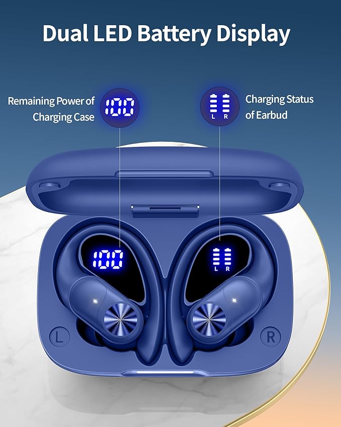 PocBuds Bluetooth Headphones Wireless Earbuds 80hrs Playtime Wireless Charging Case Digital Display Sports Ear Buds with Earhook Deep Bass IPX7 Waterproof Over-Ear Earphones for TV Phone Laptop Navy-StrideForce Fitness