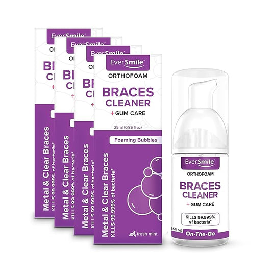 EverSmile OrthoFoam Braces Cleaner — Travel Size – Brushable Foam Whitens Teeth, Eliminates Bacteria, Fights Plaque and Bad Breath – Cleans Under Metal, Ceramic, Clear Brackets and Wires – 25ml(4 Pk)