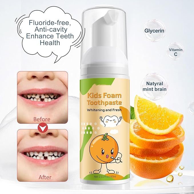 Foam Toothpaste Kids 2PCS, Toddler Toothpaste Cavity Protection, Clean and Whitening, 360ºCare, Portable, Kids Foam Toothpaste with Fluoride for Electric & U-Shape Toothbrushes (Orange)