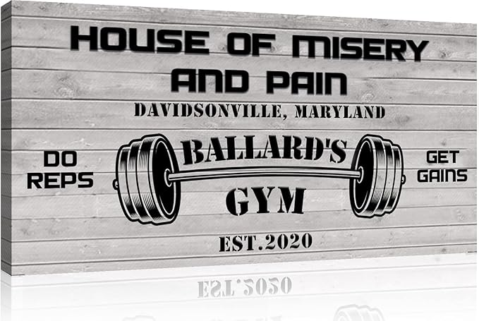 Tailored Canvases Personalized Gym Sign Wall Art Decor - Motivational Canvas for Home Gym, Workout Room, Garage, Fitness Center - Workout Inspirational Posters - House of Misery and Pain, White Wood 20x10in-StrideForce Fitness
