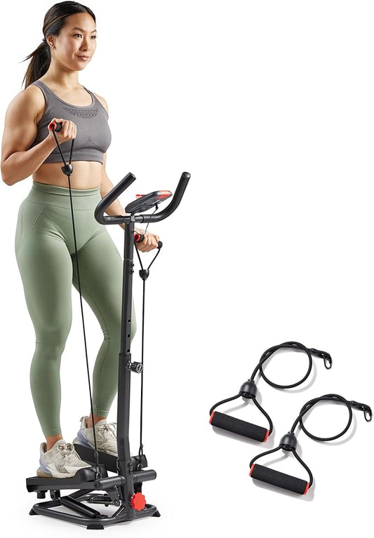 Sunny Health & Fitness Total Body 2-in-1 Smart Stepper Machine for Home with Handlebar and Resistance Bands, Total Body Workout, Adjustable Hydraulic, LCD Monitor, Non-Slip Pedals – 330 LB Max Weight-StrideForce Fitness