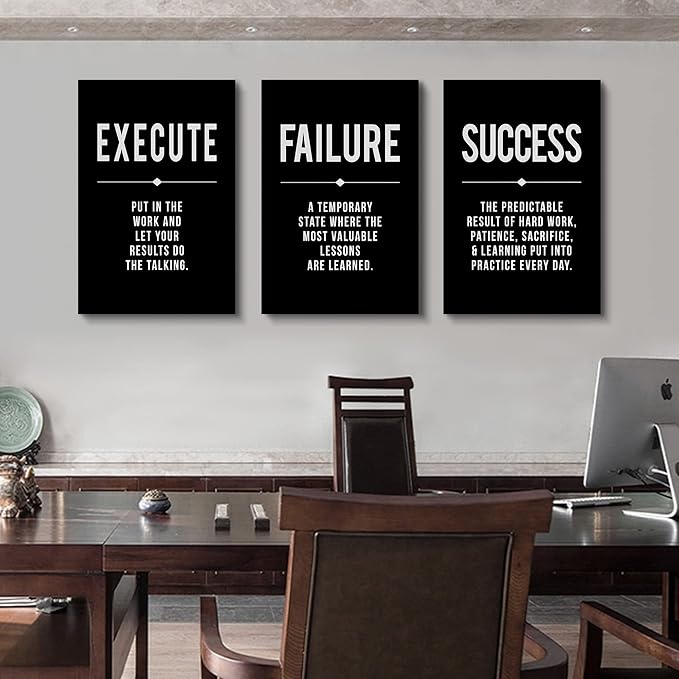Framed Canvas Wall Art Success Quote, Office Wall Art, Black Large Poster, Positive Motivational Set of 3 Prints, Execute Failure Definition, Inspirational Print (A-3pcs,16x24inchx3pcs)-StrideForce Fitness