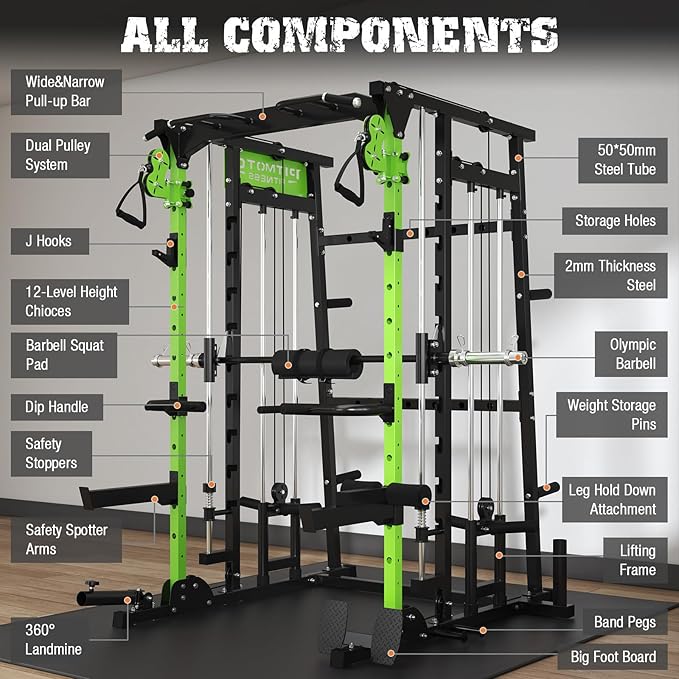 Smith Machine,2200 LBS Squat Rack for Home Gym with Dual Pulley System,Multifunctional Power Rack Cage for Strength Training with More Attachments-StrideForce Fitness