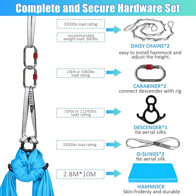 Aerial Silks Kit & Aerial Yoga Hammock - 11Yd Premium Fabric Hardware - Easy Setup for Flying Yoga, Aerial Swing & Fitness - Supports Up to 14ft Rigging-StrideForce Fitness